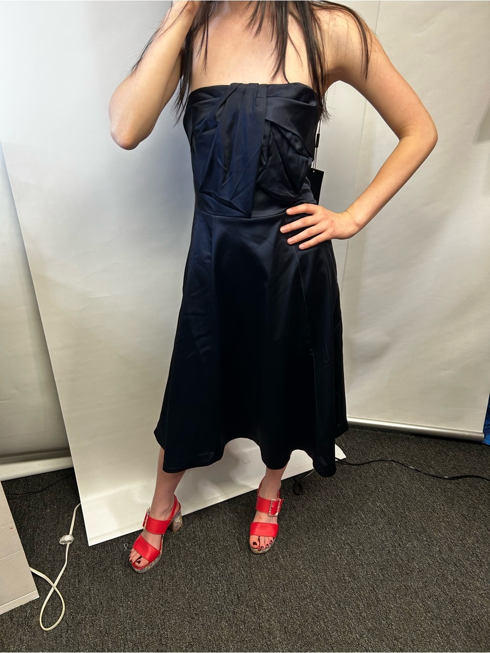 White House Black Market Navy Strapless Satin Midi Dress
